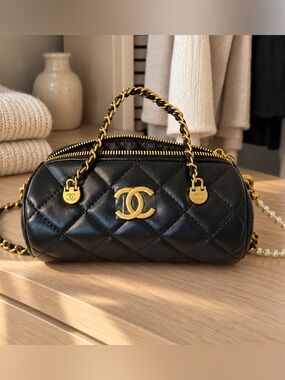Chanel Beauty GWP Black Quilted Barrel Crossbody Bag Gold Chain with Box